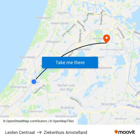 Leiden Centraal to Ziekenhuis Amstelland map