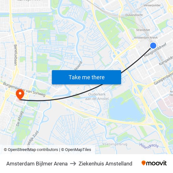 Amsterdam Bijlmer Arena to Ziekenhuis Amstelland map