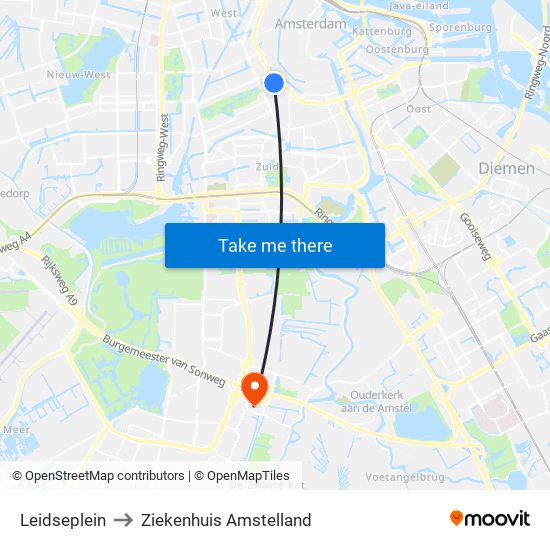 Leidseplein to Ziekenhuis Amstelland map