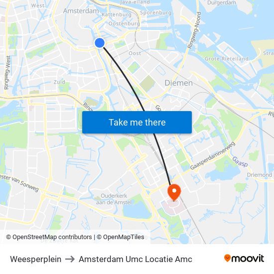 Weesperplein to Amsterdam Umc Locatie Amc map