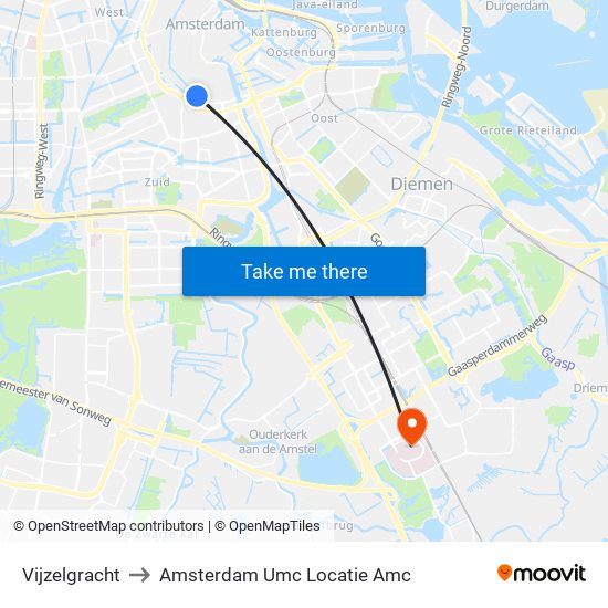 Vijzelgracht to Amsterdam Umc Locatie Amc map