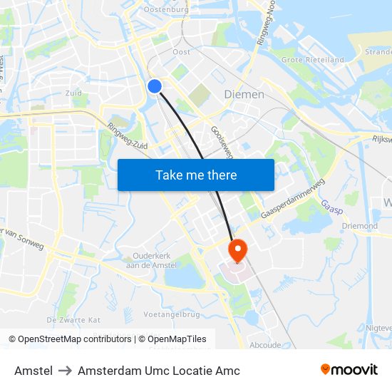 Amstel to Amsterdam Umc Locatie Amc map