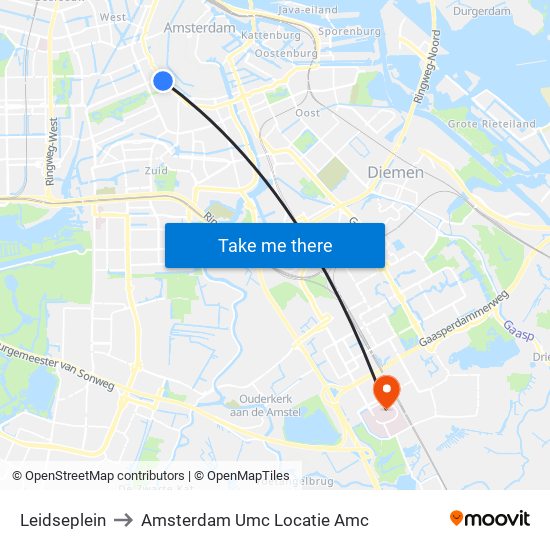 Leidseplein to Amsterdam Umc Locatie Amc map