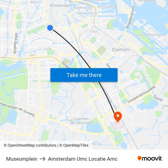 Museumplein to Amsterdam Umc Locatie Amc map