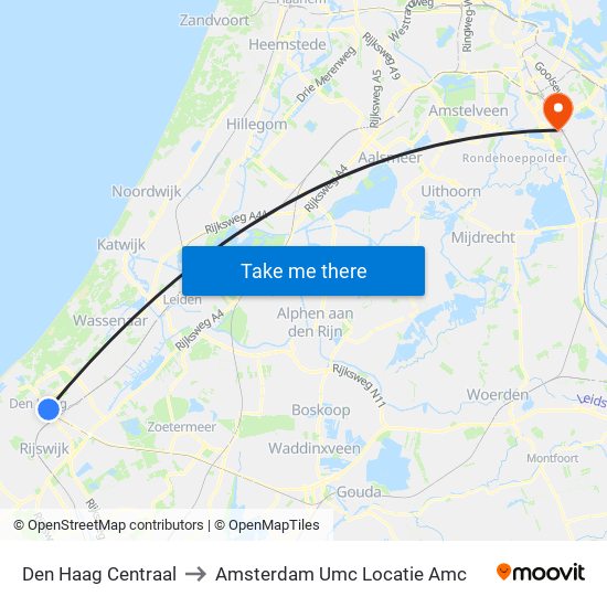 Den Haag Centraal to Amsterdam Umc Locatie Amc map