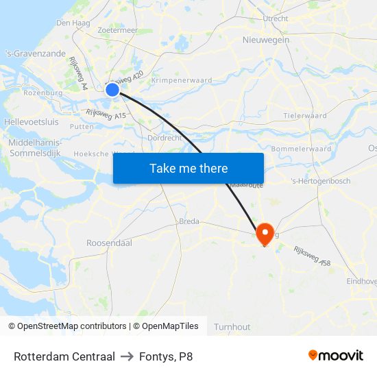 Rotterdam Centraal to Fontys, P8 map