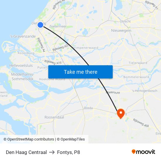 Den Haag Centraal to Fontys, P8 map