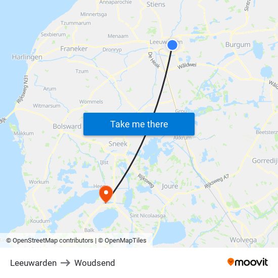 Leeuwarden to Woudsend map