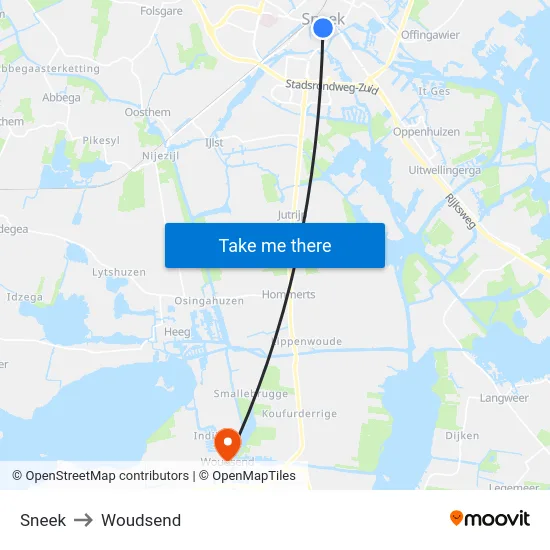 Sneek to Woudsend map