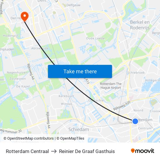 Rotterdam Centraal to Reinier De Graaf Gasthuis map