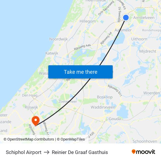 Schiphol Airport to Reinier De Graaf Gasthuis map