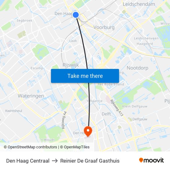 Den Haag Centraal to Reinier De Graaf Gasthuis map