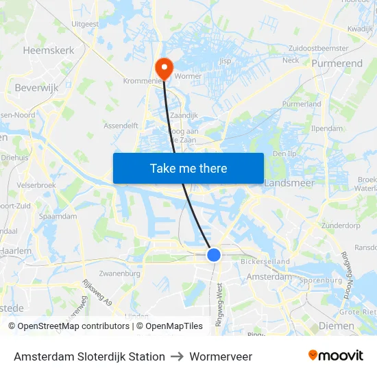 Amsterdam Sloterdijk Station to Wormerveer map