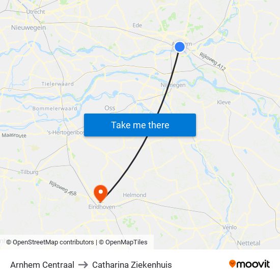 Arnhem Centraal to Catharina Ziekenhuis map