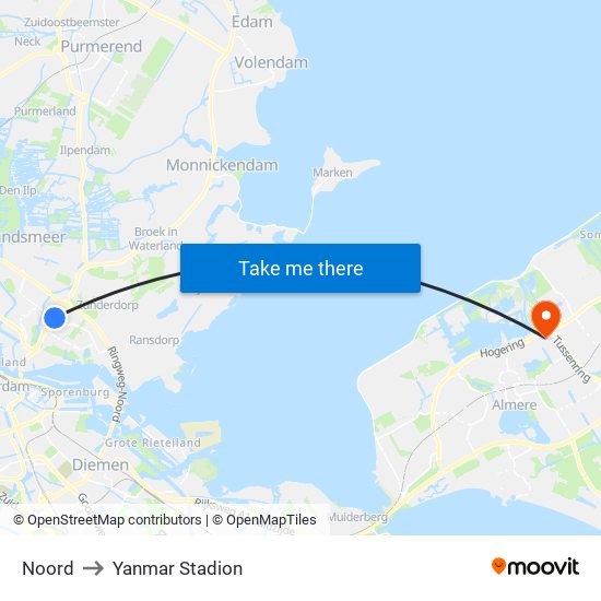 Noord to Yanmar Stadion map