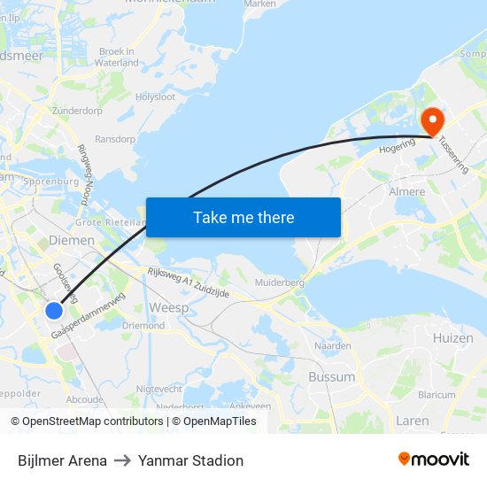 Bijlmer Arena to Yanmar Stadion map