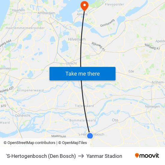 'S-Hertogenbosch (Den Bosch) to Yanmar Stadion map