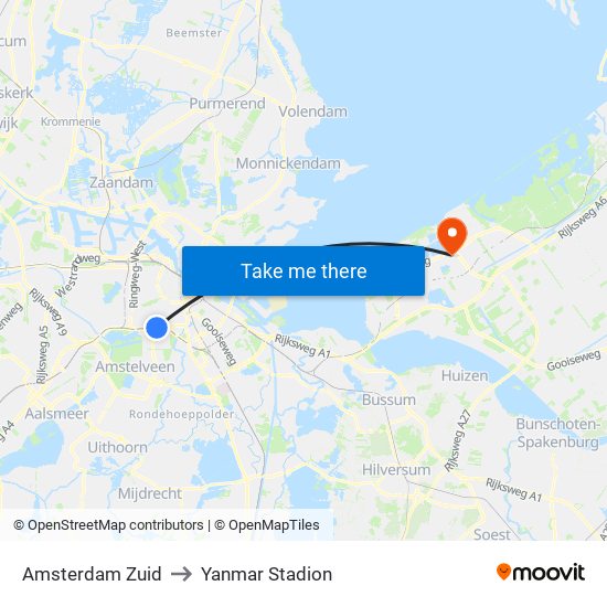 Amsterdam Zuid to Yanmar Stadion map