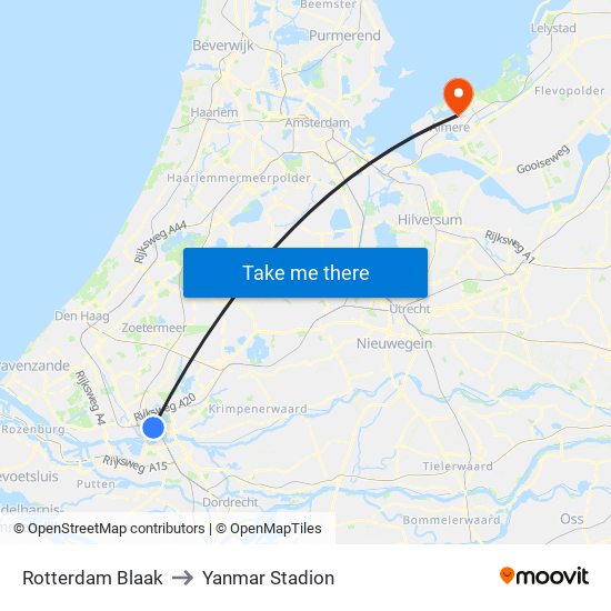 Rotterdam Blaak to Yanmar Stadion map