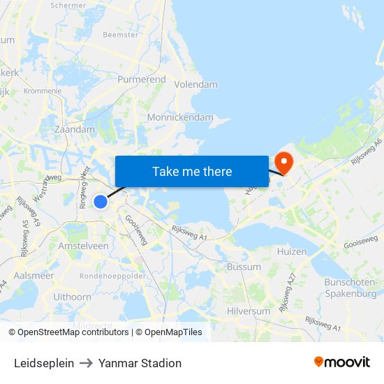 Leidseplein to Yanmar Stadion map