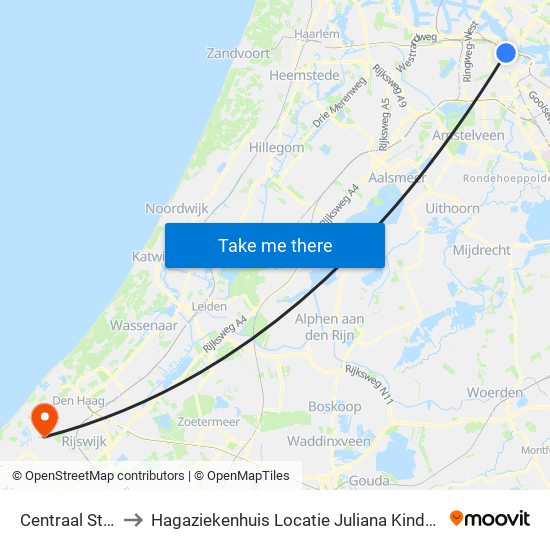 Centraal Station to Hagaziekenhuis Locatie Juliana Kinderziekenhuis map