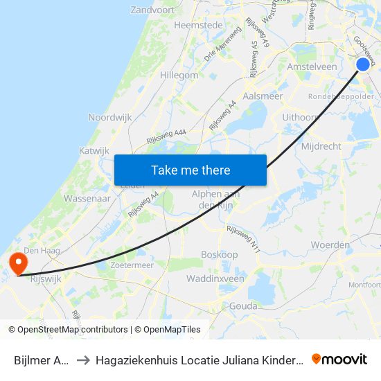 Bijlmer Arena to Hagaziekenhuis Locatie Juliana Kinderziekenhuis map