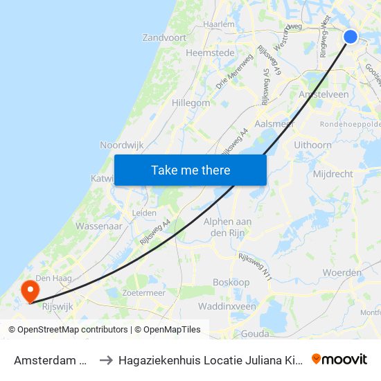 Amsterdam Centraal to Hagaziekenhuis Locatie Juliana Kinderziekenhuis map