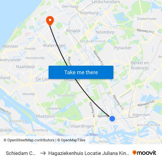 Schiedam Centrum to Hagaziekenhuis Locatie Juliana Kinderziekenhuis map