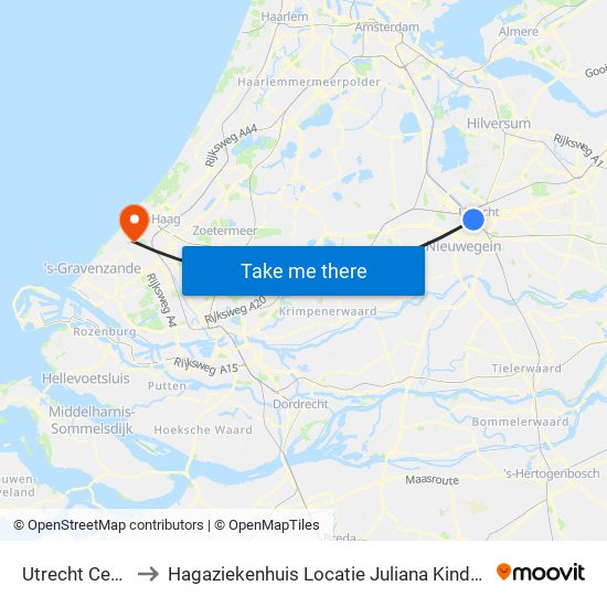 Utrecht Centraal to Hagaziekenhuis Locatie Juliana Kinderziekenhuis map