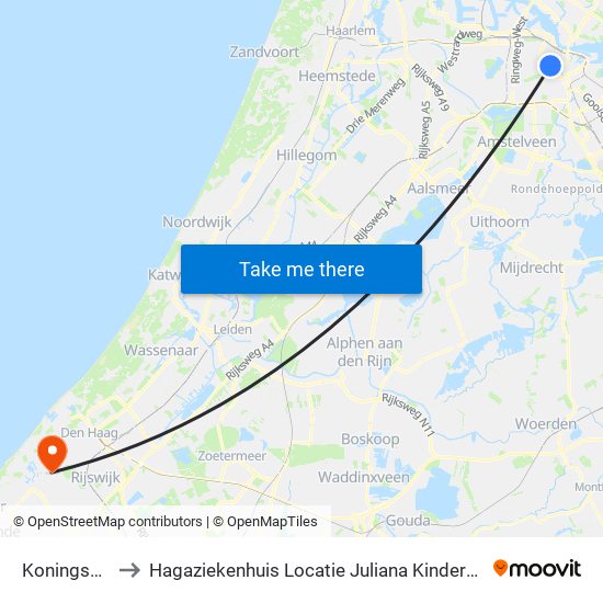 Koningsplein to Hagaziekenhuis Locatie Juliana Kinderziekenhuis map