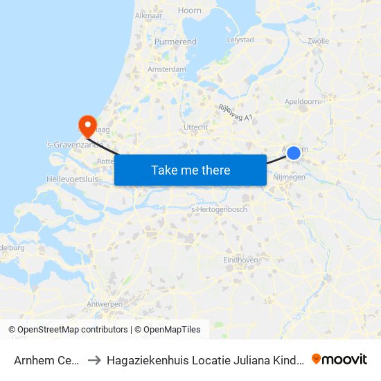 Arnhem Centraal to Hagaziekenhuis Locatie Juliana Kinderziekenhuis map