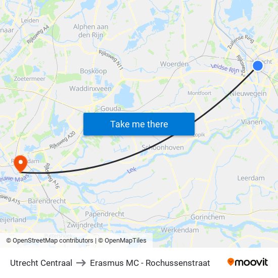 Utrecht Centraal to Erasmus MC - Rochussenstraat map