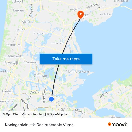 Koningsplein to Radiotherapie Vumc map