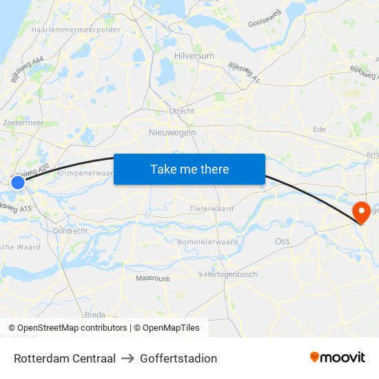 Rotterdam Centraal to Goffertstadion map