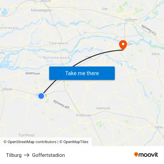 Tilburg to Goffertstadion map
