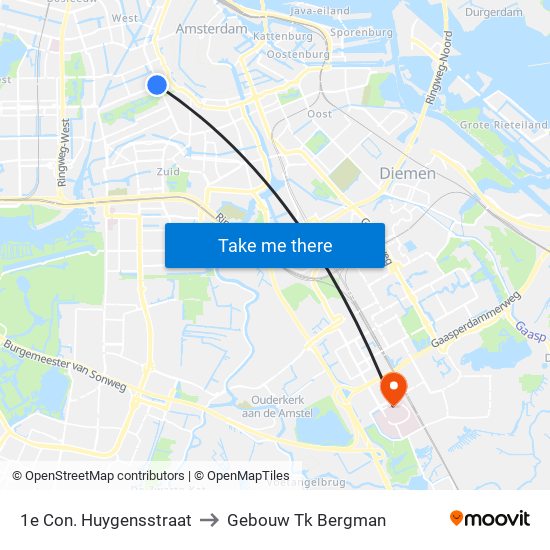 1e Con. Huygensstraat to Gebouw Tk Bergman map