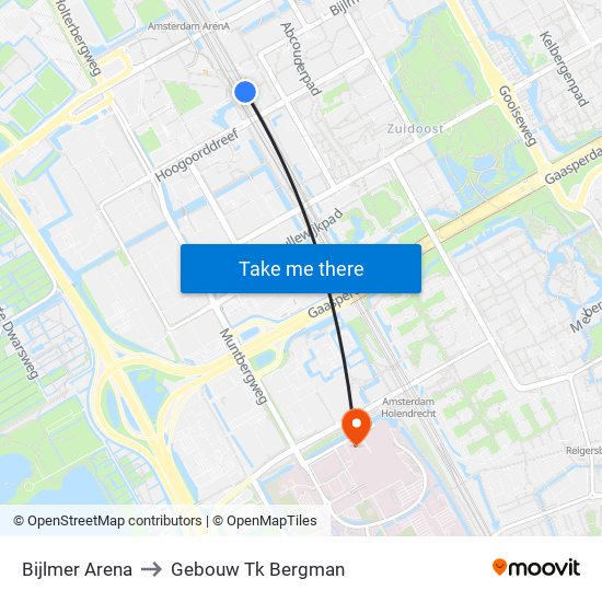 Bijlmer Arena to Gebouw Tk Bergman map