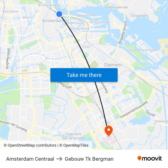 Amsterdam Centraal to Gebouw Tk Bergman map