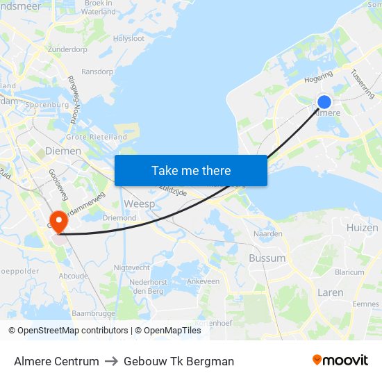 Almere Centrum to Gebouw Tk Bergman map