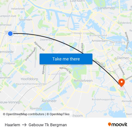 Haarlem to Gebouw Tk Bergman map