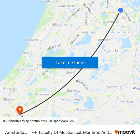 Amsterdam Amstel to Faculty Of Mechanical, Maritime And Material Engineering map