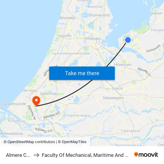 Almere Centrum to Faculty Of Mechanical, Maritime And Material Engineering map