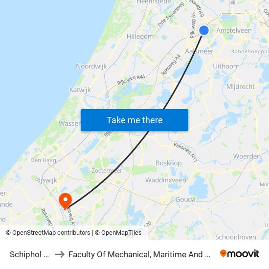 Schiphol Airport to Faculty Of Mechanical, Maritime And Material Engineering map