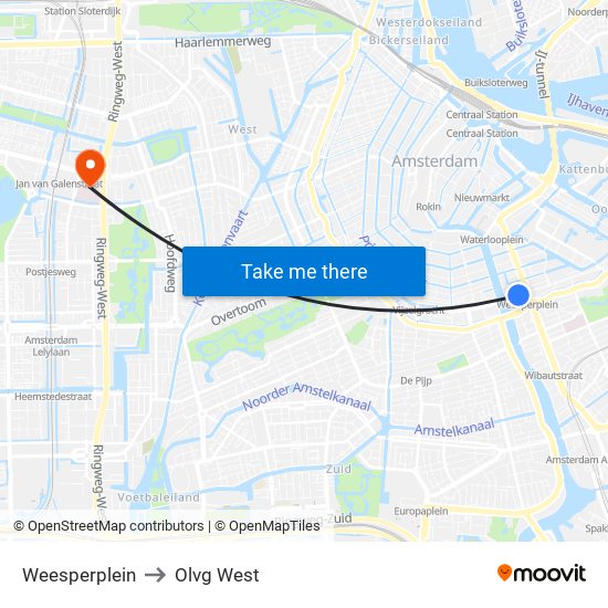 Weesperplein to Olvg West map