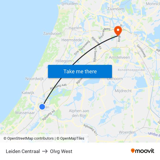 Leiden Centraal to Olvg West map
