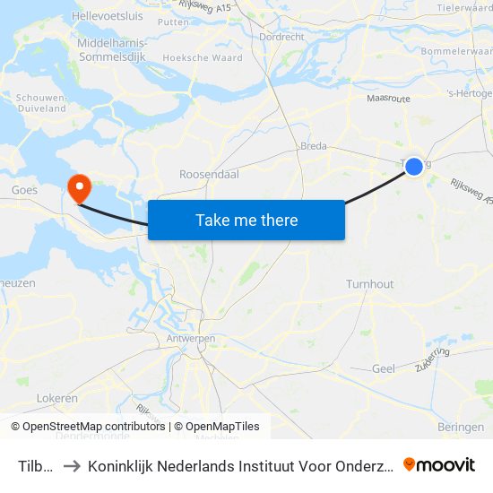 Tilburg to Koninklijk Nederlands Instituut Voor Onderzoek Der Zee map