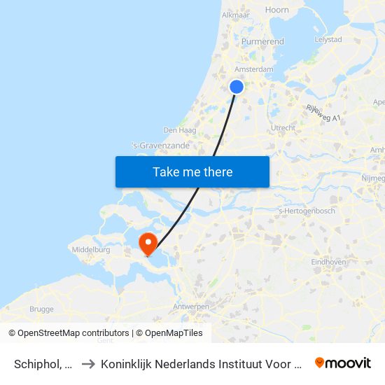 Schiphol, Airport to Koninklijk Nederlands Instituut Voor Onderzoek Der Zee map