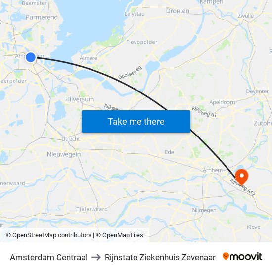 Amsterdam Centraal to Rijnstate Ziekenhuis Zevenaar map