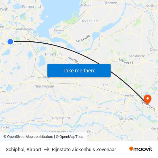 Schiphol, Airport to Rijnstate Ziekenhuis Zevenaar map