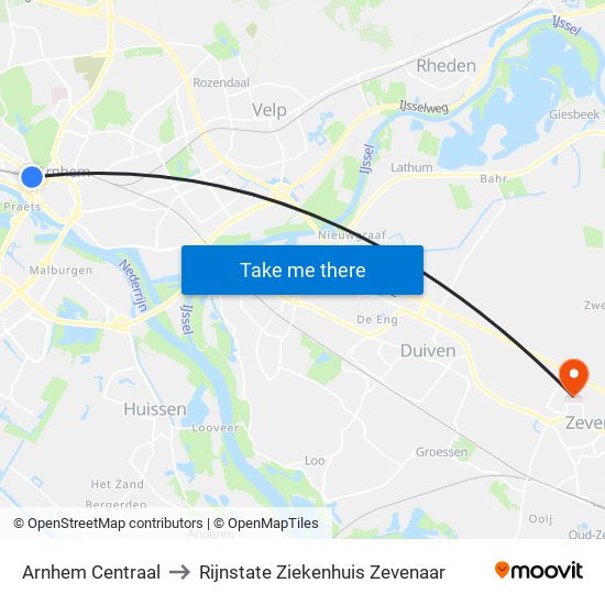 Arnhem Centraal to Rijnstate Ziekenhuis Zevenaar map